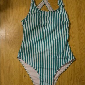 Striped One Piece Swimsuit - Green and White